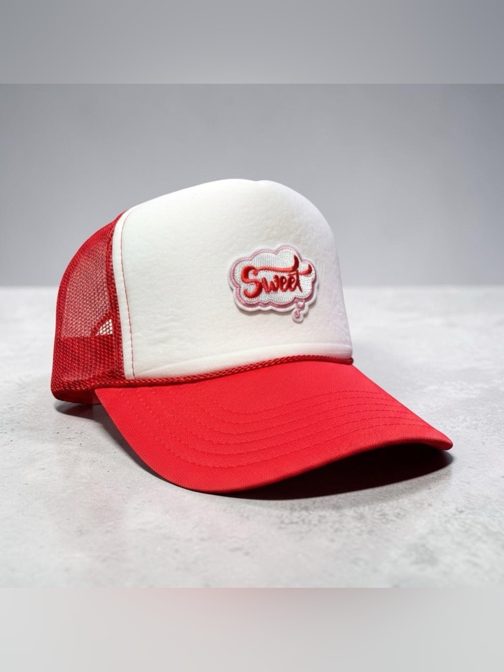 OTTO Red and White Trucker Hat with "Sweet" Patch